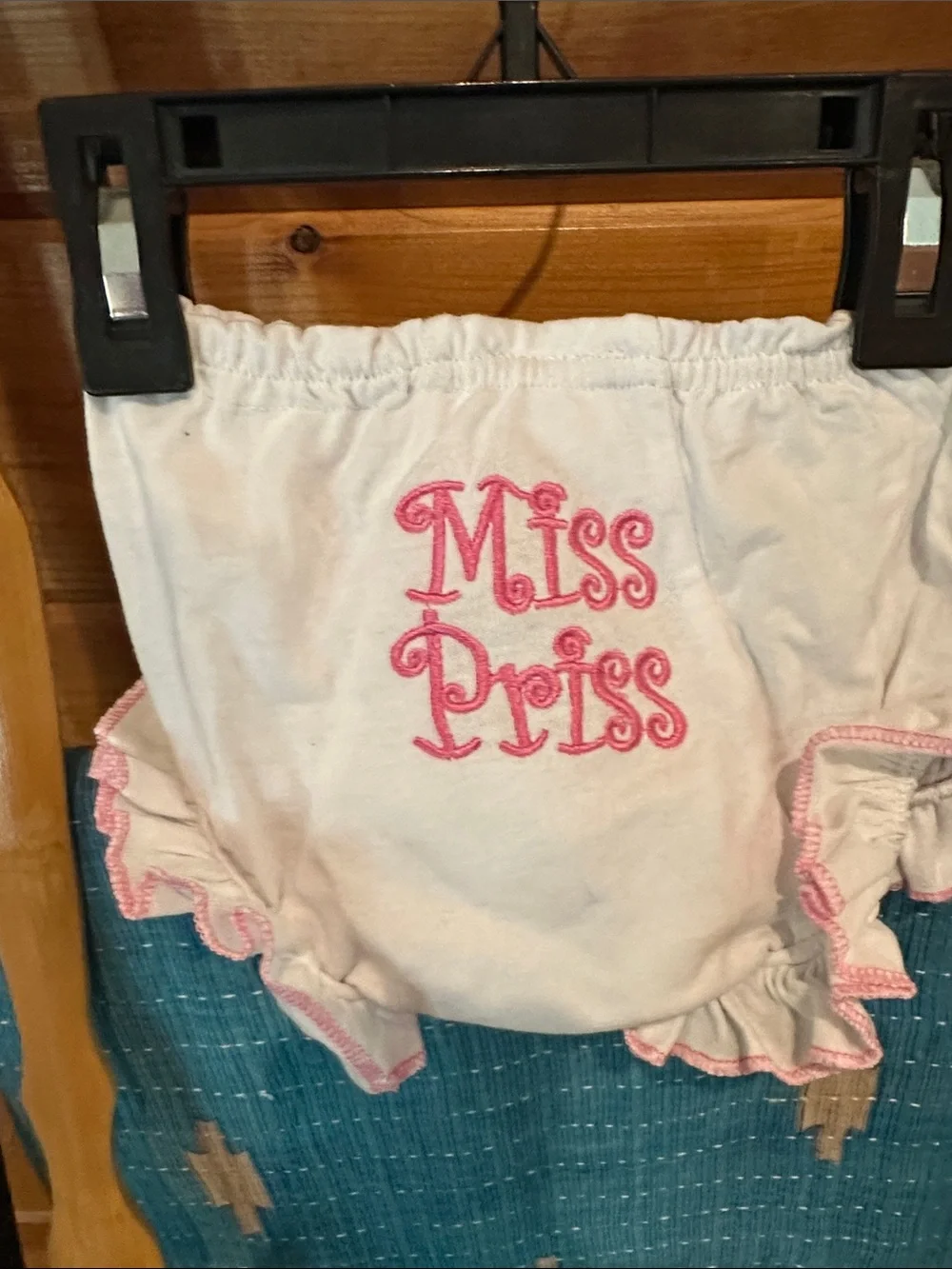 White and Pink Ruffled Baby Diaper Cover “Miss Priss” embroidered